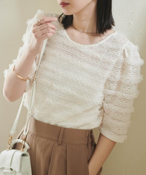 RANAN(ラナン)の「【セットアップ対応】フリルレースパフスリーブトップス(Tシャツ/カットソー・レディース・オフホワイト/ブラック・M/L/LL)」の1枚目の写真