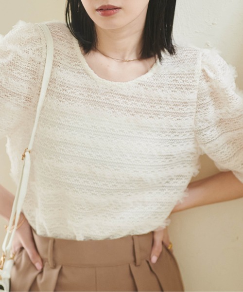 RANAN(ラナン)の「【セットアップ対応】フリルレースパフスリーブトップス(Tシャツ/カットソー・レディース・オフホワイト/ブラック・M/L/LL)」の4枚目の写真