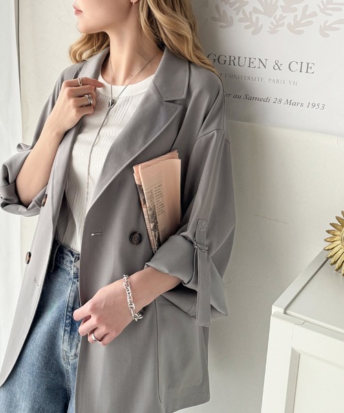 classicalelf（クラシカルエルフ）の「綺麗な落ち感。オーバーサイズ袖ロールアップドレープダブルジャケット（テーラードジャケット・レディース・グレー/チャコール・MEDIUM/LARGE/X-LARGE/SMALL）」の2枚目の写真