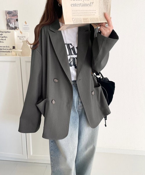 classicalelf（クラシカルエルフ）の「綺麗な落ち感。オーバーサイズ袖ロールアップドレープダブルジャケット（テーラードジャケット・レディース・グレー/チャコール・MEDIUM/LARGE/X-LARGE/SMALL）」の13枚目の写真