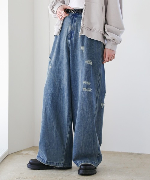 ヴィンテージケオレ加工ワイドバギーデニム（デニムパンツ