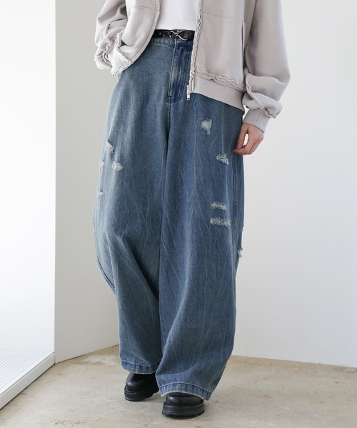 ヴィンテージケオレ加工ワイドバギーデニム（デニムパンツ