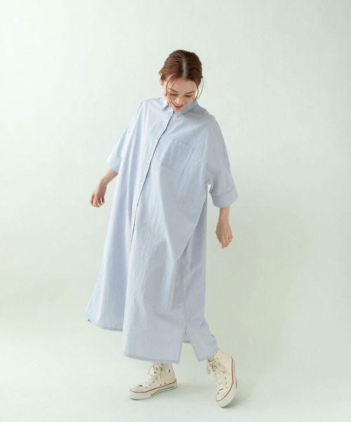 PAR ICI（パーリッシィ）の「タイプライター ストライプBIGシャツワンピース（シャツワンピース・レディース・ブルー/ネイビー×ホワイト・FREE）」の4枚目の写真