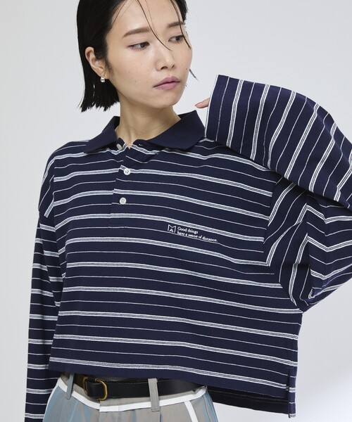 Firsthand(ファーストハンド)の「MA Firsthand/マ ファーストハンド POLO BORDER CROP PO / ポロボーダークロッププルオーバー(ポロシャツ・レディース・ネイビー/ホワイト/サックスブルー・フリ-)」の1枚目の写真