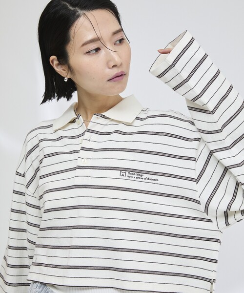 Firsthand(ファーストハンド)の「MA Firsthand/マ ファーストハンド POLO BORDER CROP PO / ポロボーダークロッププルオーバー(ポロシャツ・レディース・ネイビー/ホワイト/サックスブルー・フリ-)」の4枚目の写真