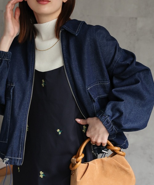 sakishimatokyo（サキシマトーキョー）の「新色追加 デニムブルゾン/裾ドロスト付き調整可能/ケミカルウォッシュ（デニムジャケット・レディース・ネイビー/ブラック系その他/ブルー/ブラック・FREE）」の5枚目の写真