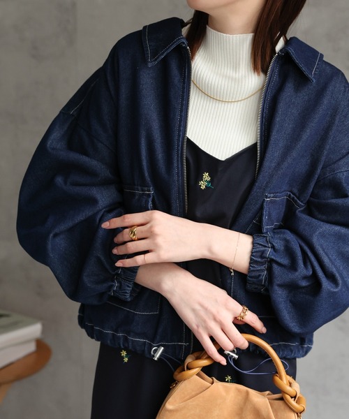 sakishimatokyo（サキシマトーキョー）の「新色追加 デニムブルゾン/裾ドロスト付き調整可能/ケミカルウォッシュ（デニムジャケット・レディース・ネイビー/ブラック系その他/ブルー/ブラック・FREE）」の9枚目の写真