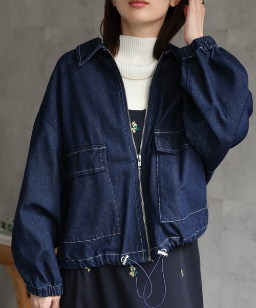 sakishimatokyo（サキシマトーキョー）の「新色追加 デニムブルゾン/裾ドロスト付き調整可能/ケミカルウォッシュ（デニムジャケット・レディース・ネイビー/ブラック系その他/ブルー/ブラック・FREE）」の8枚目の写真
