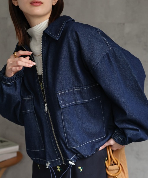 セール】新色追加 デニムブルゾン/裾ドロスト付き調整可能/ケミカル