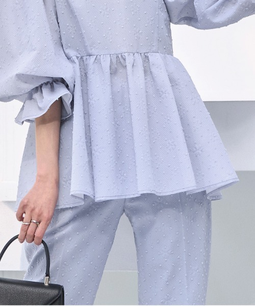 RUIRUE BOUTIQUE(ルイルエブティック)の「洗える | シアー ドット ジャカード ペプラム トップス & パンツ セットアップ | レディース おしゃれ きれいめ オフィスカジュアル 通勤服(パンツドレス・レディース・ブラック/ライトブルー・M/L/S/LL)」の7枚目の写真