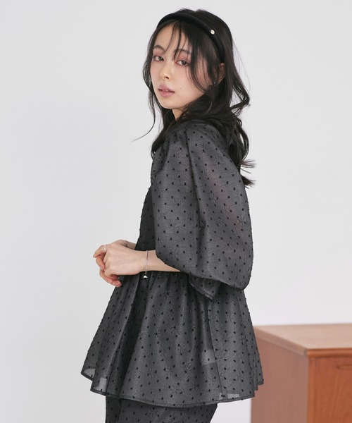 RUIRUE BOUTIQUE(ルイルエブティック)の「洗える | シアー ドット ジャカード ペプラム トップス & パンツ セットアップ | レディース おしゃれ きれいめ オフィスカジュアル 通勤服(パンツドレス・レディース・ブラック/ライトブルー・M/L/S/LL)」の9枚目の写真