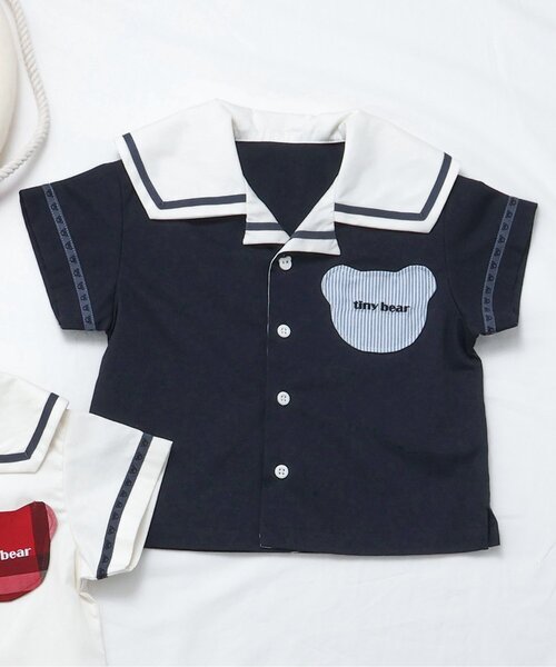 apres les cours（アプレレクール）の「tiny bear セーラー衿半袖シャツ（シャツ/ブラウス・キッズ・アイボリー/ネイビー・80/90/100/110/120）」の2枚目の写真