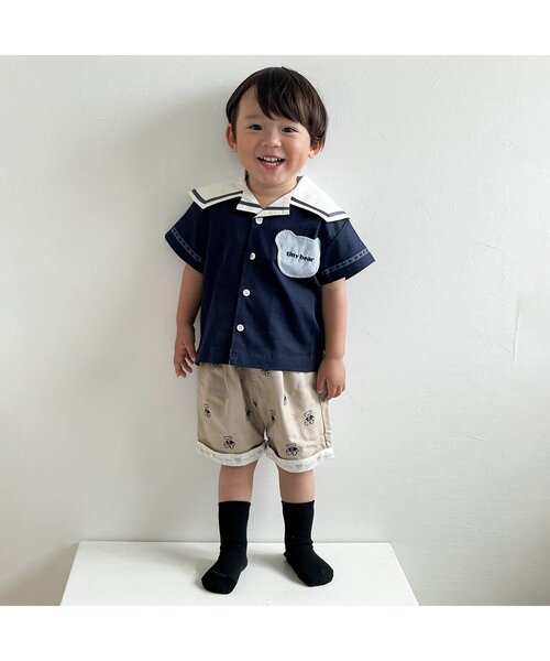 apres les cours（アプレレクール）の「tiny bear セーラー衿半袖シャツ（シャツ/ブラウス・キッズ・アイボリー/ネイビー・80/90/100/110/120）」の3枚目の写真