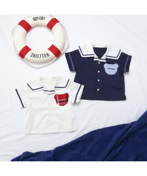 apres les cours（アプレレクール）の「tiny bear セーラー衿半袖シャツ（シャツ/ブラウス・キッズ・アイボリー/ネイビー・80/90/100/110/120）」の6枚目の写真