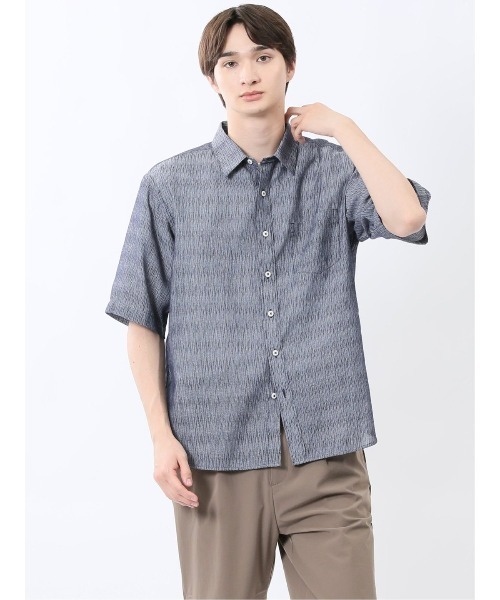 m.f.editorial(エムエフエディトリアル)の「シャツ メンズ 半袖 吸水速乾 軽量 シボ レギュラーカラー ややゆったり ルーズフィット 綿混 ナイアガラ(シャツ/ブラウス・メンズ・ネイビー/ホワイト・LARGE/X-LARGE/MEDIUM)」の2枚目の写真