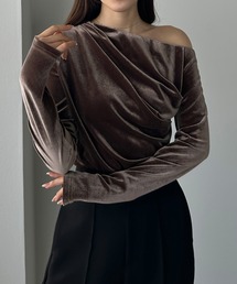 Louere（ルエレ）の「(薄手)ワンショルドレープベロアトップス（Tシャツ/カットソー）」