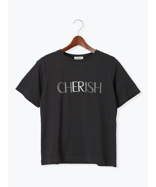 25116　ハイネック　花柄　黒　ラインストーン　ロゴ　Tシャツ　コットン　半袖 25116 ハイネック 花柄 黒 ラインストーン ロゴ Tシャツ