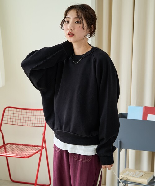 限定展開 スウェット ライク ラグラン ショート ニット プルオーバー