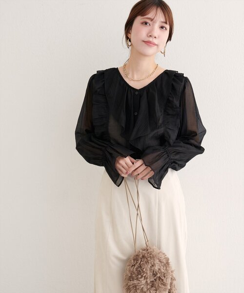 natural couture（ナチュラルクチュール）の「【WEB限定】フリリーブラウス（シャツ/ブラウス・レディース・ブラック/ブラウン/イエロー/オフホワイト・FREE）」の21枚目の写真