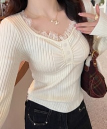 スリムフィット Vネックレースヘンリーニットソー