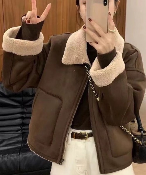 人気✨リアルムートン　レザージャケット　シープスキン　ブラウン　ボアブルゾン セール】フェイクムートンボアジップブルゾン（ブルゾン）｜SHEPP