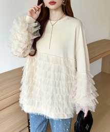 チュールドッキングトップス オーバーサイズ チュニック ティアード チュールフリル スウェット トレーナー 秋服 冬服