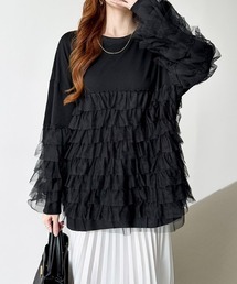 チュールドッキングトップス オーバーサイズ チュニック ティアード チュールフリル スウェット トレーナー 秋服 冬服