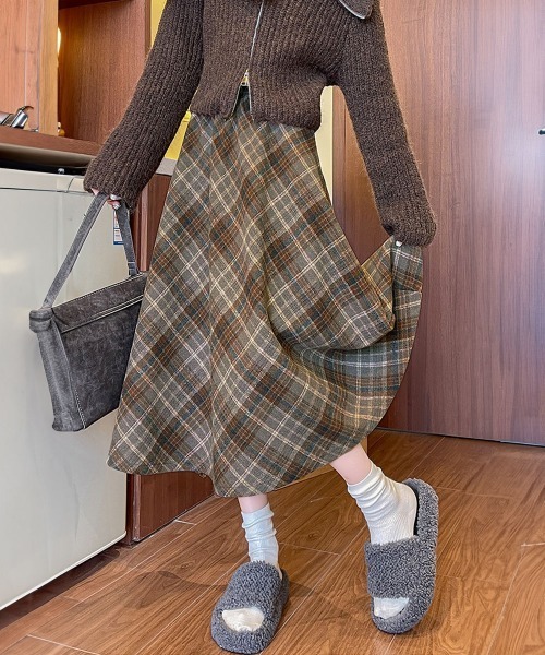 Miniministore(ミニミニストア)の「フレアスカート チェック柄 美脚 春秋冬(スカート・レディース・チャコールグレー/ブラウン・L/M)」の2枚目の写真