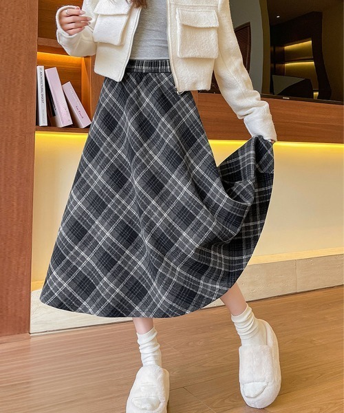 Miniministore(ミニミニストア)の「フレアスカート チェック柄 美脚 春秋冬(スカート・レディース・チャコールグレー/ブラウン・L/M)」の1枚目の写真