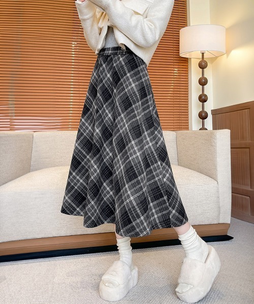Miniministore(ミニミニストア)の「フレアスカート チェック柄 美脚 春秋冬(スカート・レディース・チャコールグレー/ブラウン・L/M)」の3枚目の写真