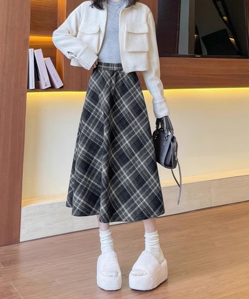 Miniministore(ミニミニストア)の「フレアスカート チェック柄 美脚 春秋冬(スカート・レディース・チャコールグレー/ブラウン・L/M)」の4枚目の写真