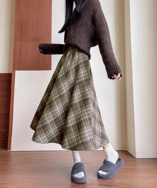 Miniministore(ミニミニストア)の「フレアスカート チェック柄 美脚 春秋冬(スカート・レディース・チャコールグレー/ブラウン・L/M)」の9枚目の写真