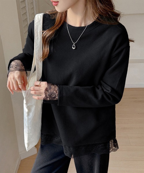 ONEP STAR(ワンピスター)の「裾レースラウンドネックカットソー(Tシャツ/カットソー・レディース・ブラック/ホワイト・MEDIUM/LARGE/X-LARGE)」の10枚目の写真