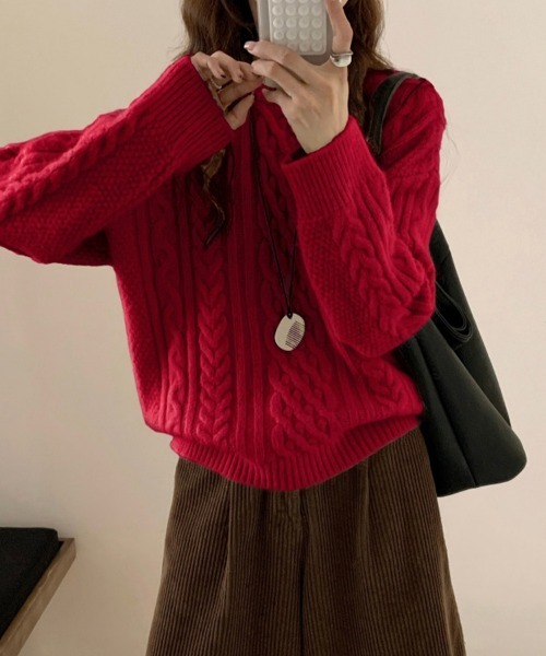ONEP STAR(ワンピスター)の「ケーブル編ゆるニットトップス(ニット/セーター・レディース・レッド/ネイビー/ピンク/ダークグレー/オレンジ/ライトブルー/ブラック/ベージュ/ロイヤルブルー・FREE)」の8枚目の写真