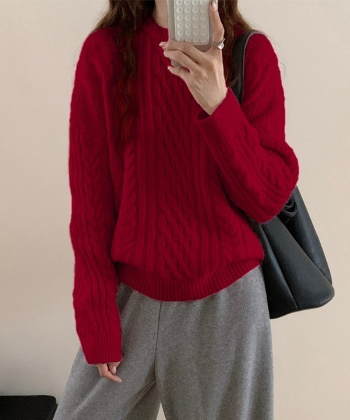 ONEP STAR(ワンピスター)の「ケーブル編ゆるニットトップス(ニット/セーター・レディース・レッド/ネイビー/ピンク/ダークグレー/オレンジ/ライトブルー/ブラック/ベージュ/ロイヤルブルー・FREE)」の22枚目の写真