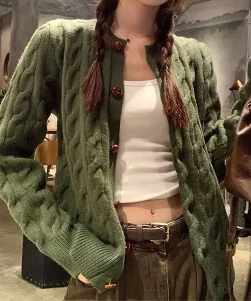 SPIGA（スピーガ）の「ｹｰﾌﾞﾙ編みﾆｯﾄｶｰﾃﾞｨｶﾞﾝ（カーディガン/ボレロ・レディース・グリーン/ブラウン/イエロー/ネイビー/ブルー/グレー・FREE）」の3枚目の写真