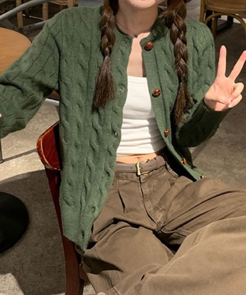 SPIGA（スピーガ）の「ｹｰﾌﾞﾙ編みﾆｯﾄｶｰﾃﾞｨｶﾞﾝ（カーディガン/ボレロ・レディース・グリーン/ブラウン/イエロー/ネイビー/ブルー/グレー・FREE）」の8枚目の写真