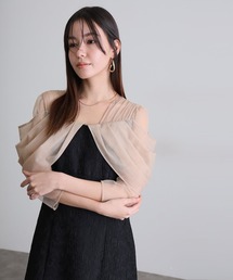 チュール ドレープ ジャガード オフショル風 パーティー ドレス お呼ばれ ミモレ丈&七分袖 結婚式 二次会 フォーマル オケージョンドレス 同窓会 成人式 