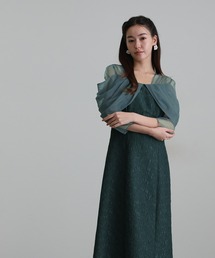 チュール ドレープ ジャガード オフショル風 パーティー ドレス お呼ばれ ミモレ丈&七分袖 結婚式 二次会 フォーマル オケージョンドレス 同窓会 成人式