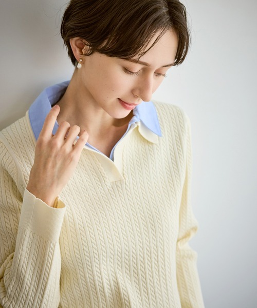 ROPE' PICNIC（ロペピクニック）の「ダブルカラーミニケーブルニット（ニット/セーター・レディース・キナリ/ネイビー/グレー・FREE）」の2枚目の写真