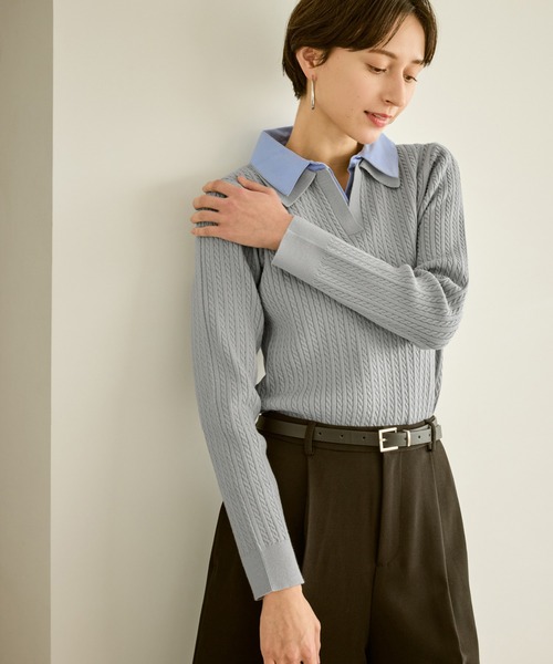 ROPE' PICNIC（ロペピクニック）の「ダブルカラーミニケーブルニット（ニット/セーター・レディース・キナリ/ネイビー/グレー・FREE）」の22枚目の写真