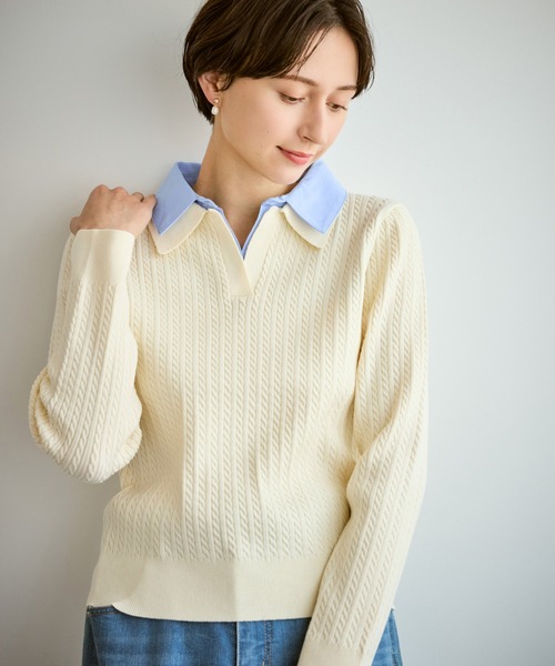ROPE' PICNIC（ロペピクニック）の「ダブルカラーミニケーブルニット（ニット/セーター・レディース・キナリ/ネイビー/グレー・FREE）」の18枚目の写真