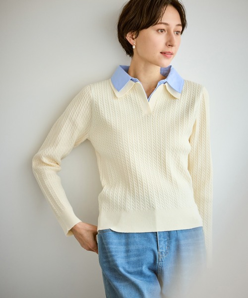 ROPE' PICNIC（ロペピクニック）の「ダブルカラーミニケーブルニット（ニット/セーター・レディース・キナリ/ネイビー/グレー・FREE）」の17枚目の写真