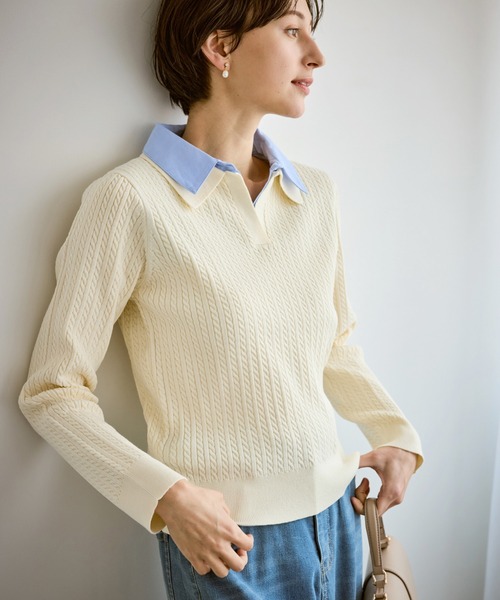 ROPE' PICNIC（ロペピクニック）の「ダブルカラーミニケーブルニット（ニット/セーター・レディース・キナリ/ネイビー/グレー・FREE）」の16枚目の写真