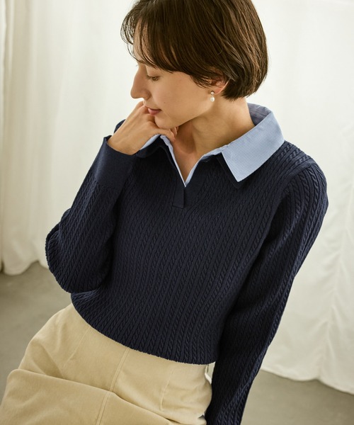 ROPE' PICNIC（ロペピクニック）の「ダブルカラーミニケーブルニット（ニット/セーター・レディース・キナリ/ネイビー/グレー・FREE）」の9枚目の写真