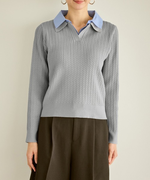 ROPE' PICNIC（ロペピクニック）の「ダブルカラーミニケーブルニット（ニット/セーター・レディース・キナリ/ネイビー/グレー・FREE）」の8枚目の写真