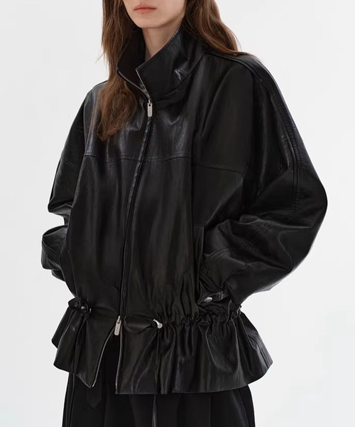 Fano Studios（ファノ ストゥディオズ）の「ダブルジッパー ドローコード フェイクレザージャケット FC26W010【Fano Studios】【2026SS】（ライダースジャケット・レディース・ブラック・S/M/L）」の4枚目の写真