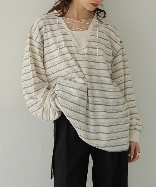 CLEIO】レースアップワッフルボーダートップス LACE-UP WAFFLE BORDER