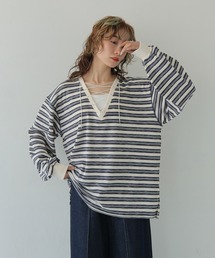 【CLEIO】レースアップワッフルボーダートップス LACE-UP WAFFLE BORDER TOPS