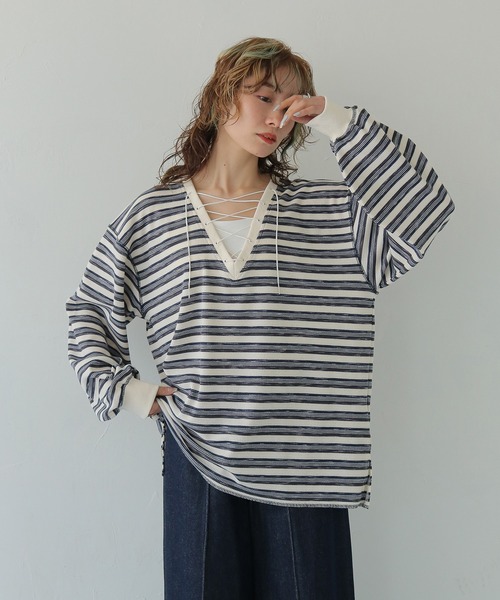 CLEIO】レースアップワッフルボーダートップス LACE-UP WAFFLE BORDER